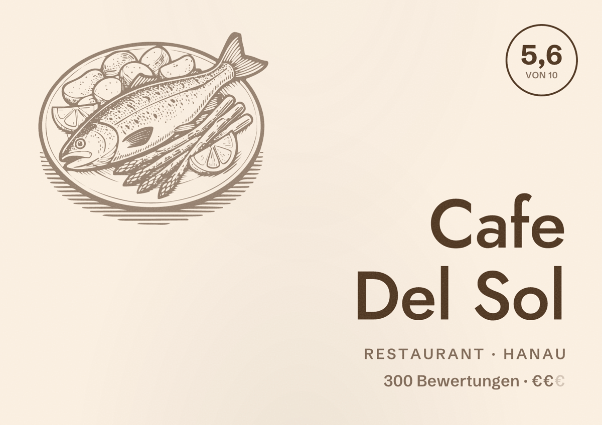 Illustriertes Poster von Cafe Del Sol, Restaurant in Hanau: Bewertung 5,6 von 10 aus 300 Bewertungen, Preisniveau €€
