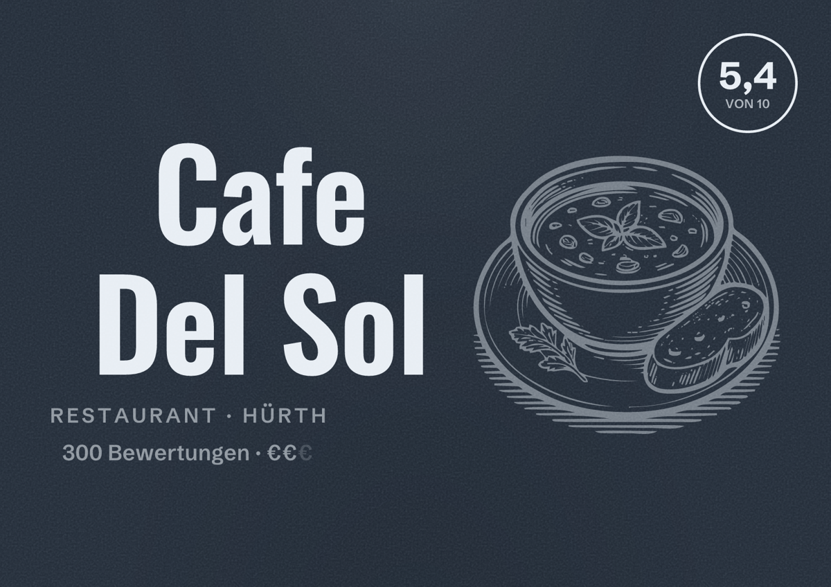Illustriertes Poster von Cafe Del Sol, Restaurant in Hürth: Bewertung 5,4 von 10 aus 300 Bewertungen, Preisniveau €€
