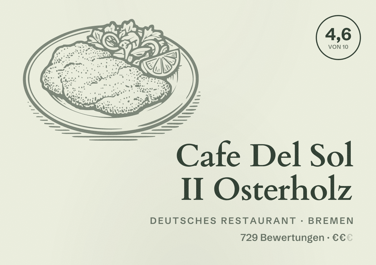 Illustriertes Poster von Cafe Del Sol II Osterholz, Deutsches Restaurant in Bremen: Bewertung 4,6 von 10 aus 729 Bewertungen, Preisniveau €€