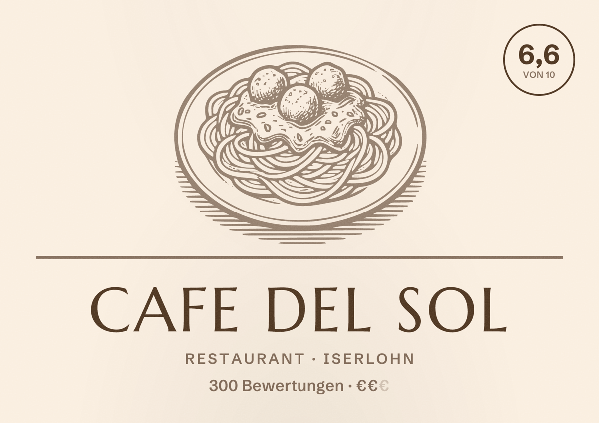 Illustriertes Poster von Cafe Del Sol, Restaurant in Iserlohn: Bewertung 6,6 von 10 aus 300 Bewertungen, Preisniveau €€