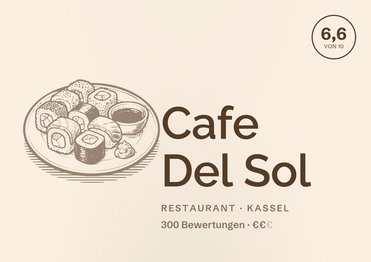 Illustriertes Poster von Cafe Del Sol, Restaurant in Kassel: Bewertung 6,6 von 10 aus 300 Bewertungen, Preisniveau €€