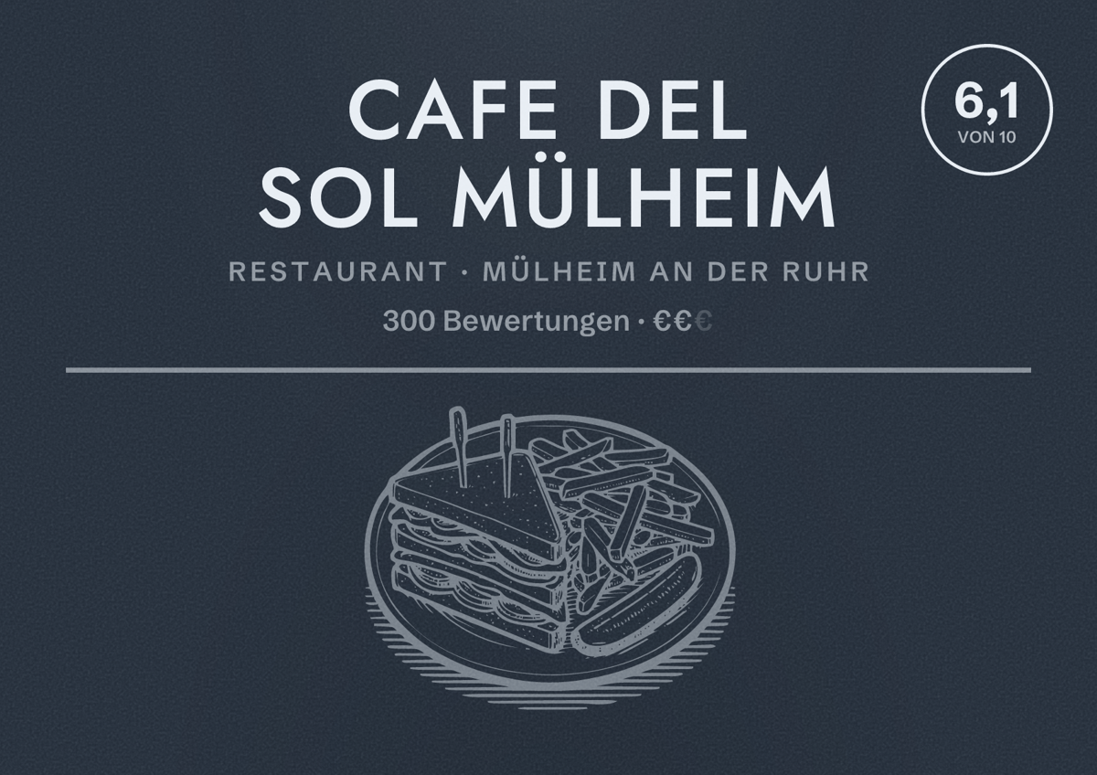 Illustriertes Poster von Cafe Del Sol Mülheim, Restaurant in Mülheim an der Ruhr: Bewertung 6,1 von 10 aus 300 Bewertungen, Preisniveau €€