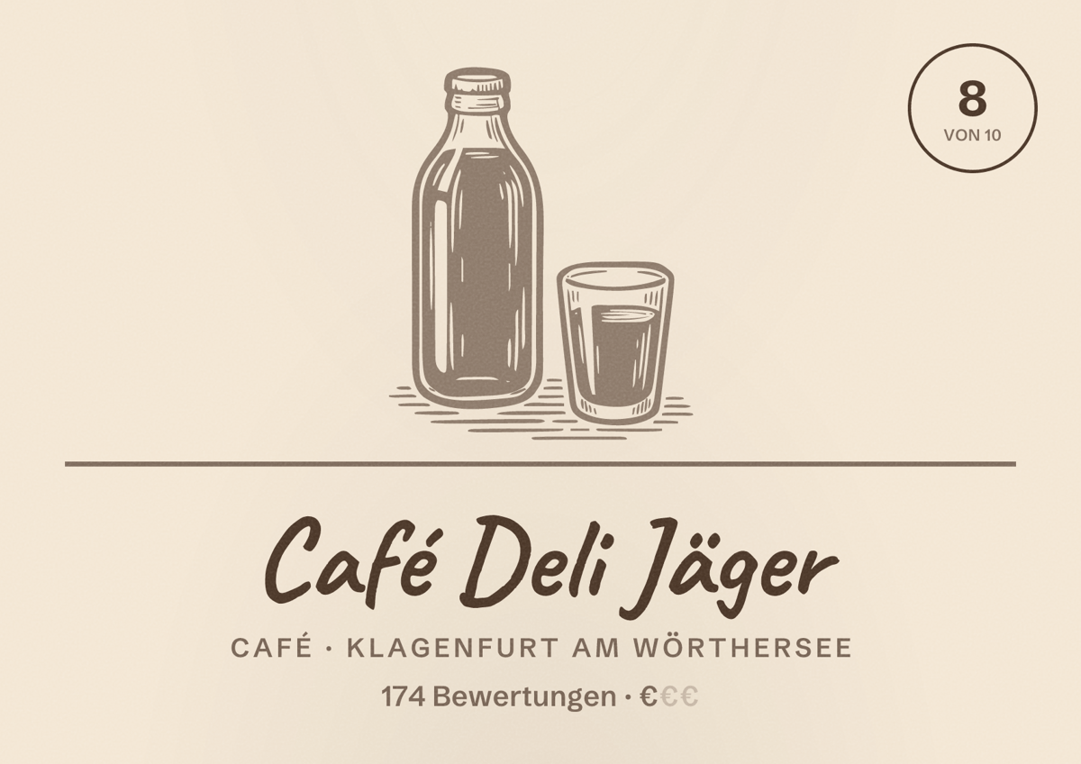 Illustriertes Poster von Café Deli Jäger, Café in Klagenfurt am Wörthersee: Bewertung 8 von 10 aus 174 Bewertungen, Preisniveau €