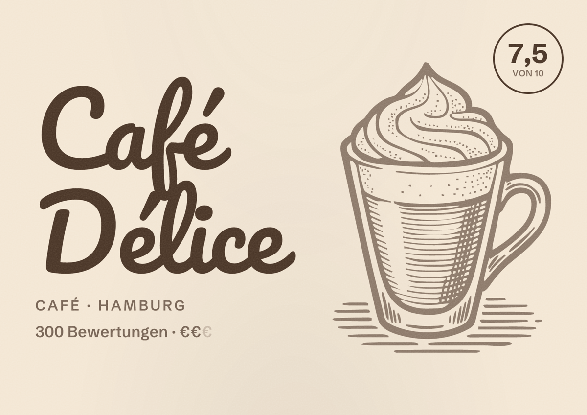 Illustriertes Poster von Café Délice, Café in Hamburg: Bewertung 7,5 von 10 aus 300 Bewertungen, Preisniveau €€