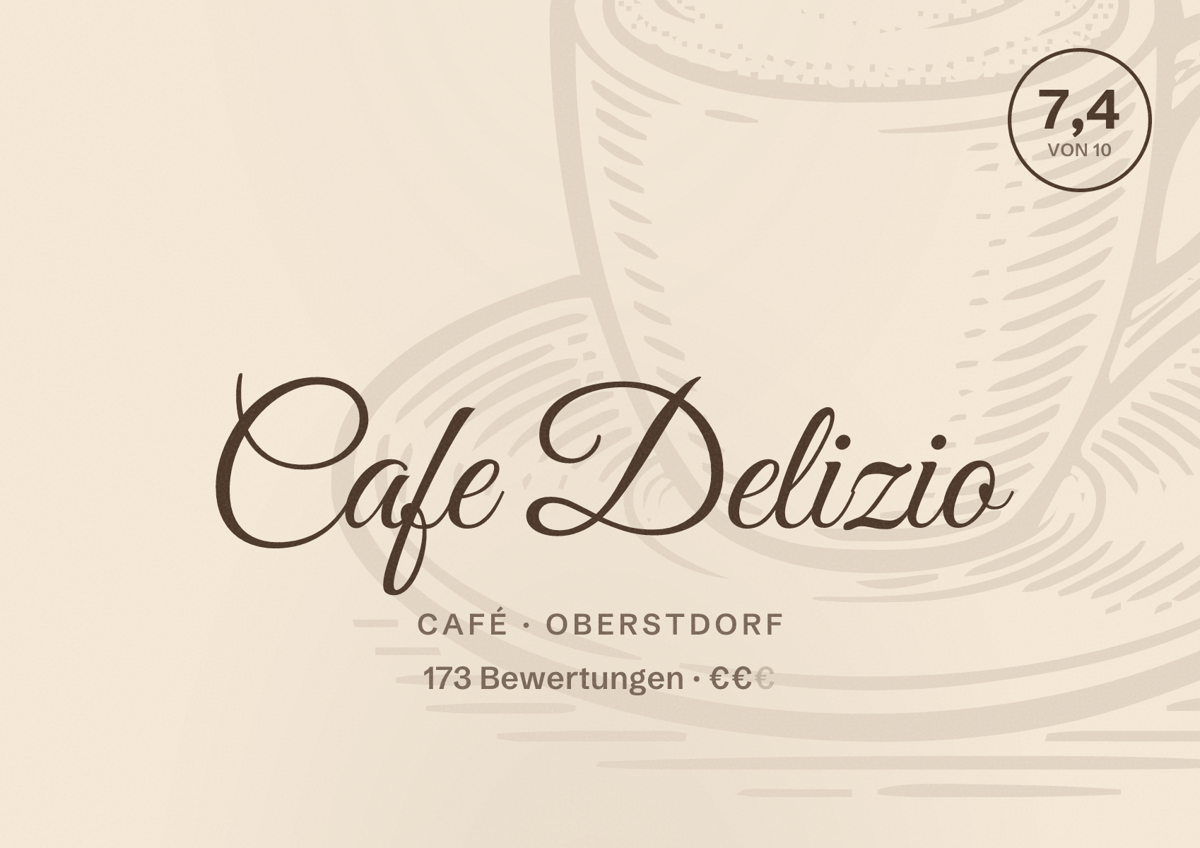 Illustriertes Poster von Cafe Delizio, Café in Oberstdorf: Bewertung 7,4 von 10 aus 173 Bewertungen, Preisniveau €€