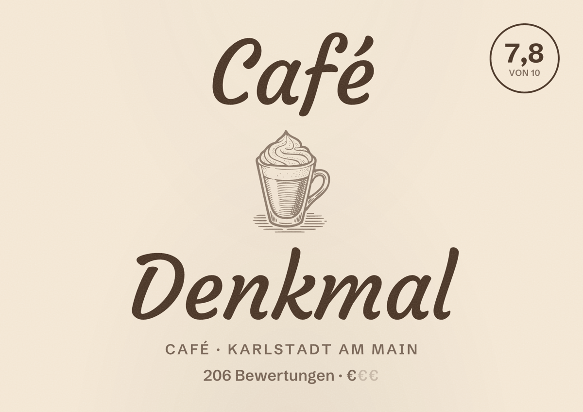 Illustriertes Poster von Café Denkmal, Café in Karlstadt am Main: Bewertung 7,8 von 10 aus 206 Bewertungen, Preisniveau €