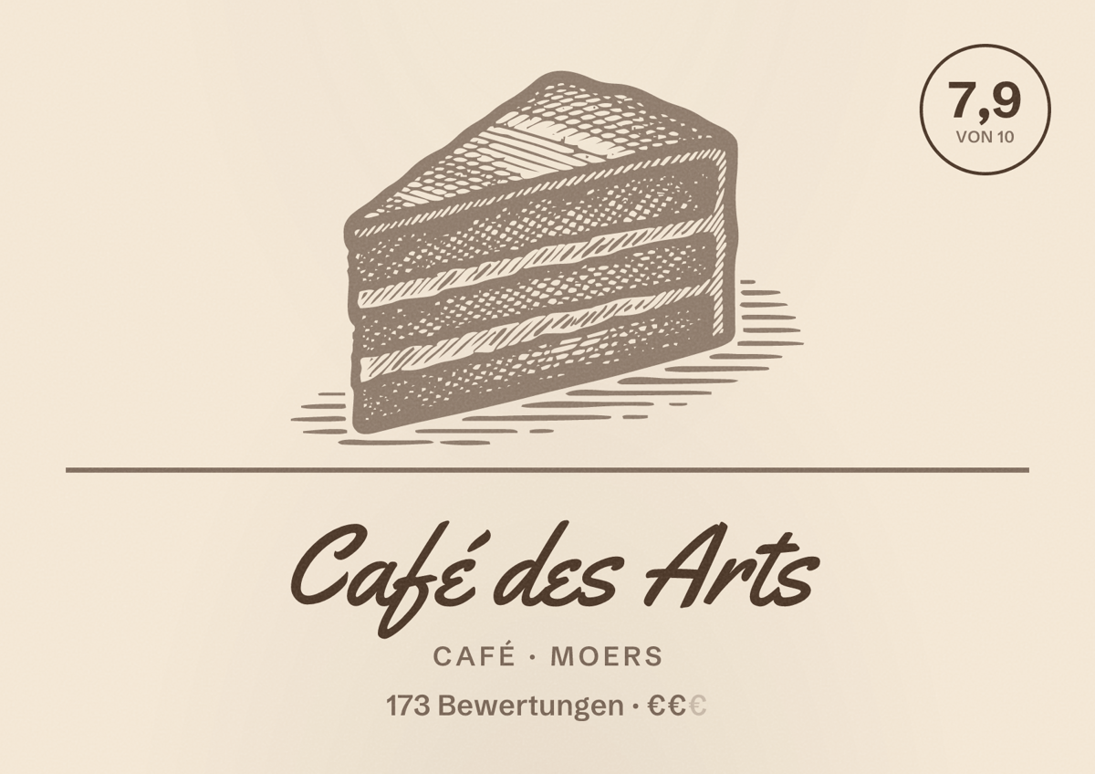 Illustriertes Poster von Café des Arts, Café in Moers: Bewertung 7,9 von 10 aus 173 Bewertungen, Preisniveau €€