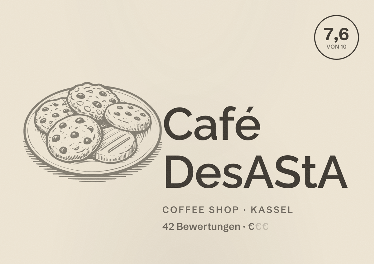 Illustriertes Poster von Café DesAStA, Coffee Shop in Kassel: Bewertung 7,6 von 10 aus 42 Bewertungen, Preisniveau €