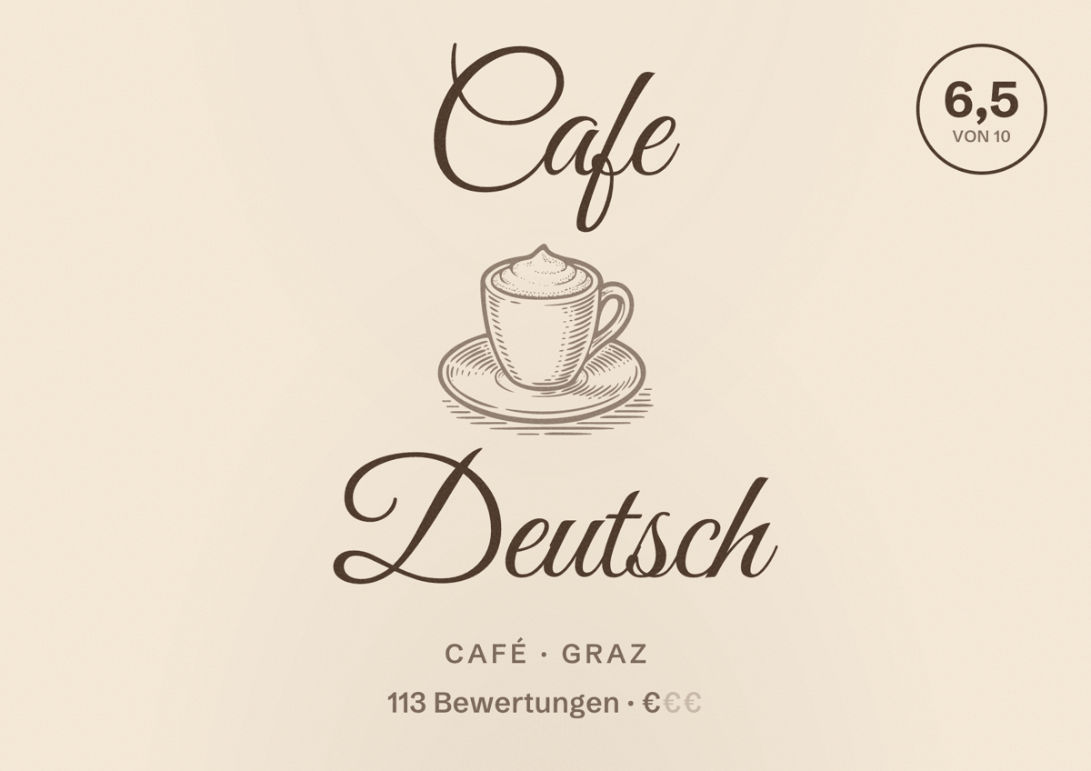 Illustriertes Poster von Cafe Deutsch, Café in Graz: Bewertung 6,5 von 10 aus 113 Bewertungen, Preisniveau €