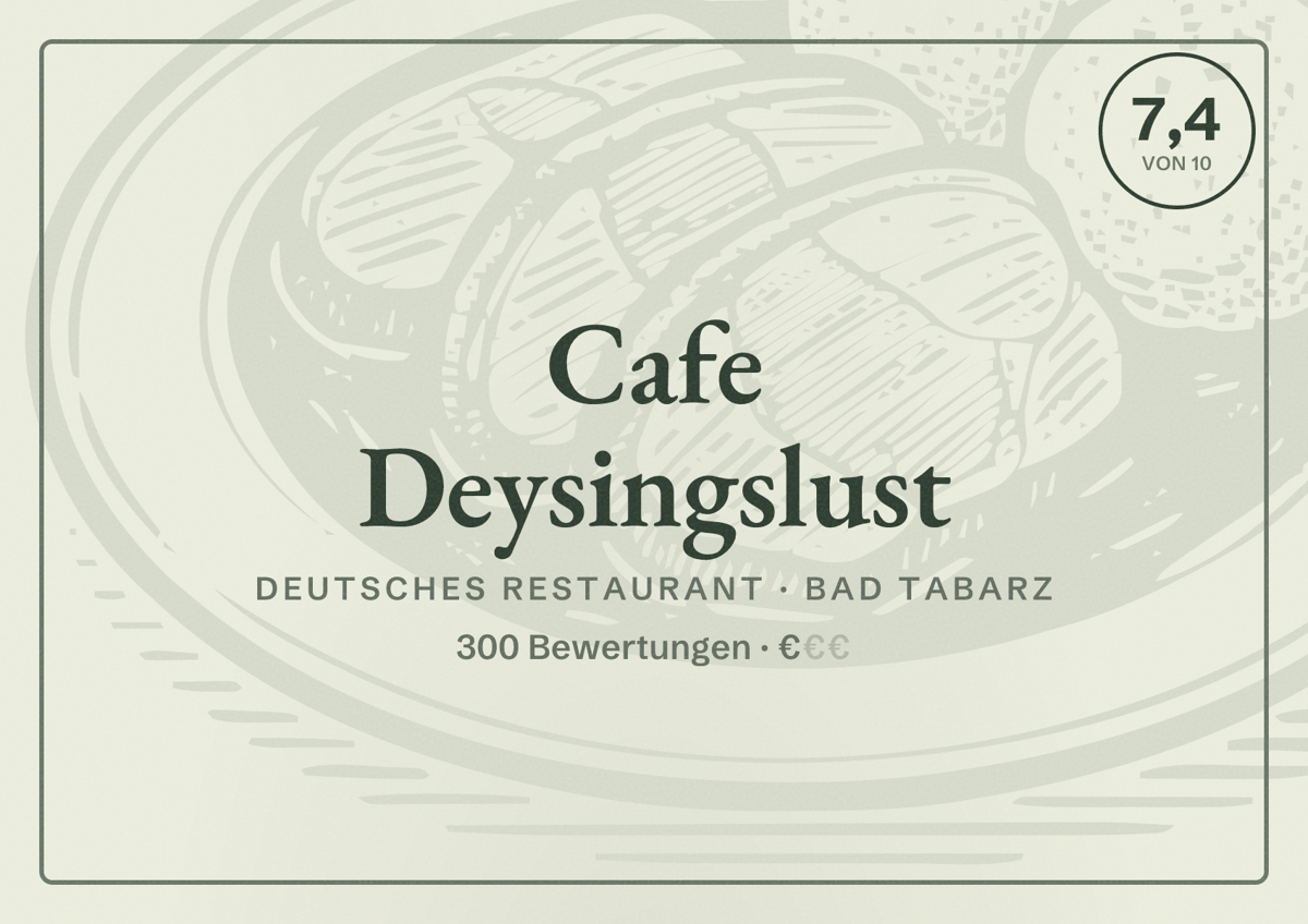 Illustriertes Poster von Cafe Deysingslust, Deutsches Restaurant in Bad Tabarz: Bewertung 7,4 von 10 aus 300 Bewertungen, Preisniveau €