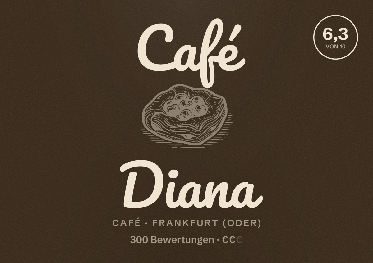 Illustriertes Poster von Café Diana, Café in Frankfurt (Oder): Bewertung 6,3 von 10 aus 300 Bewertungen, Preisniveau €€