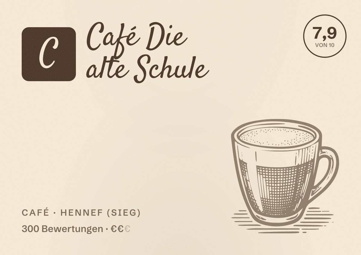 Illustriertes Poster von Café Die alte Schule, Café in Hennef (Sieg): Bewertung 7,9 von 10 aus 300 Bewertungen, Preisniveau €€