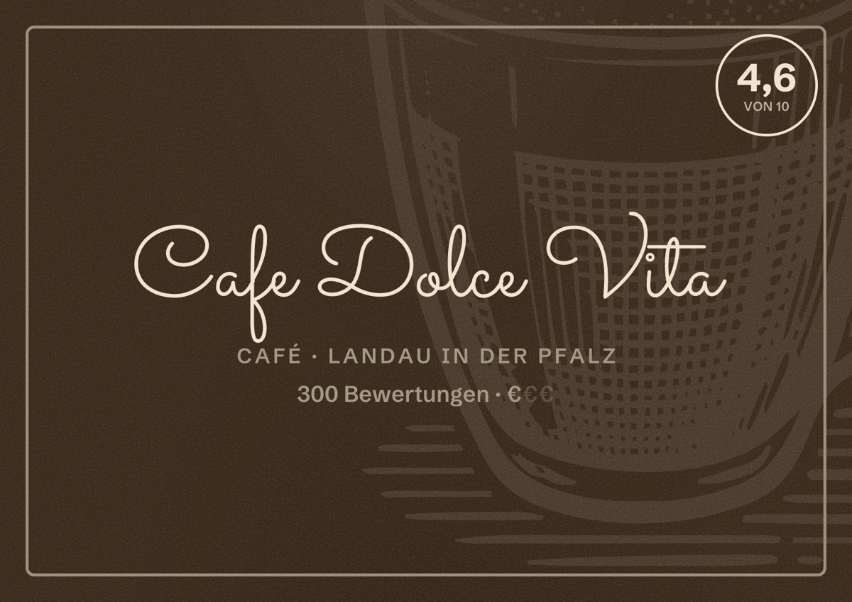 Illustriertes Poster von Cafe Dolce Vita, Café in Landau in der Pfalz: Bewertung 4,6 von 10 aus 300 Bewertungen, Preisniveau €