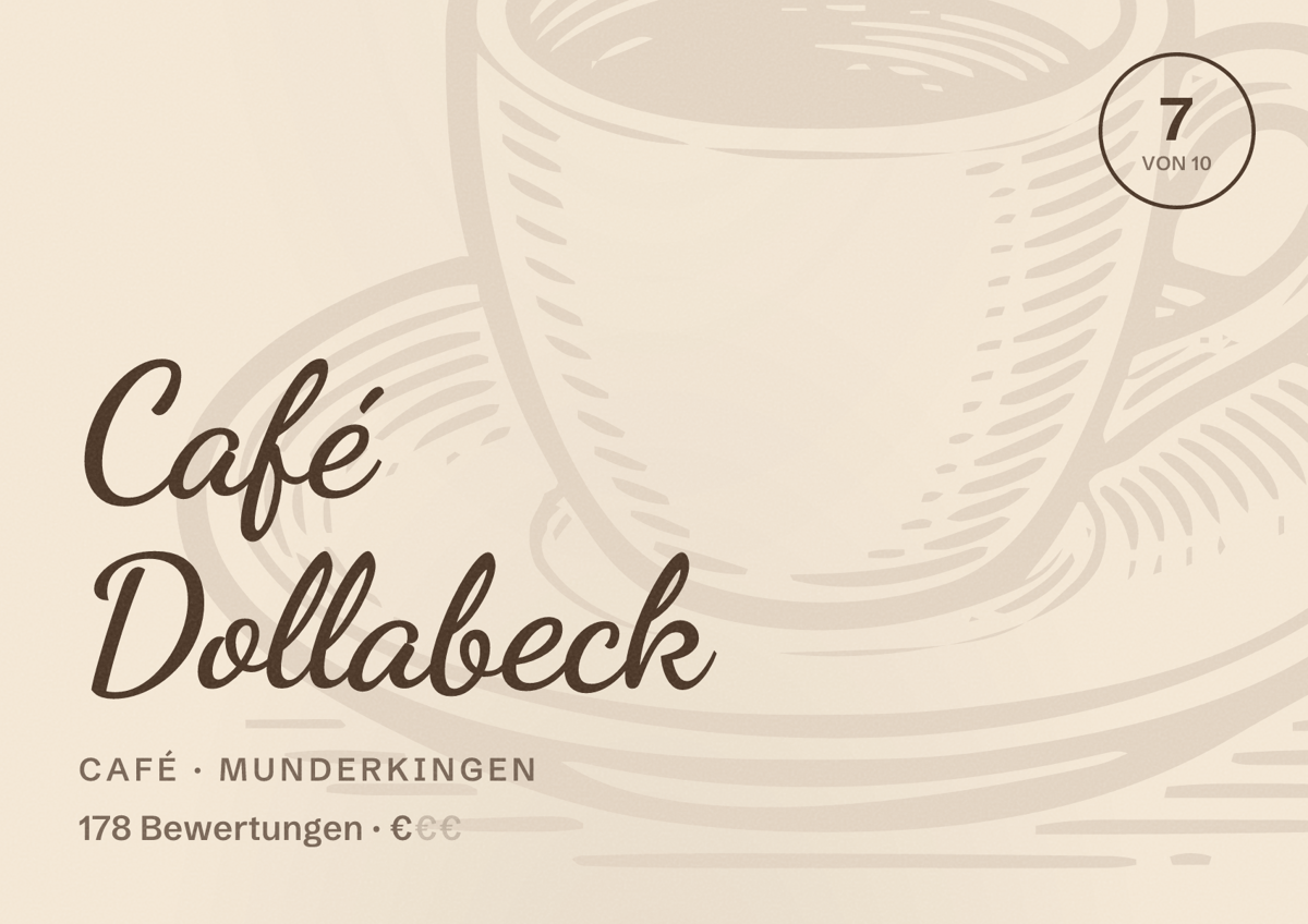 Illustriertes Poster von Café Dollabeck, Café in Munderkingen: Bewertung 7 von 10 aus 178 Bewertungen, Preisniveau €