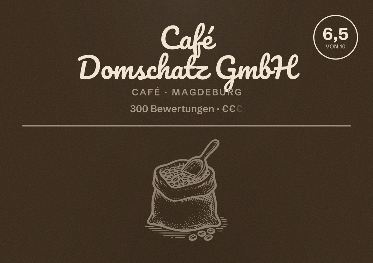Illustriertes Poster von Café Domschatz GmbH, Café in Magdeburg: Bewertung 6,5 von 10 aus 300 Bewertungen, Preisniveau €€