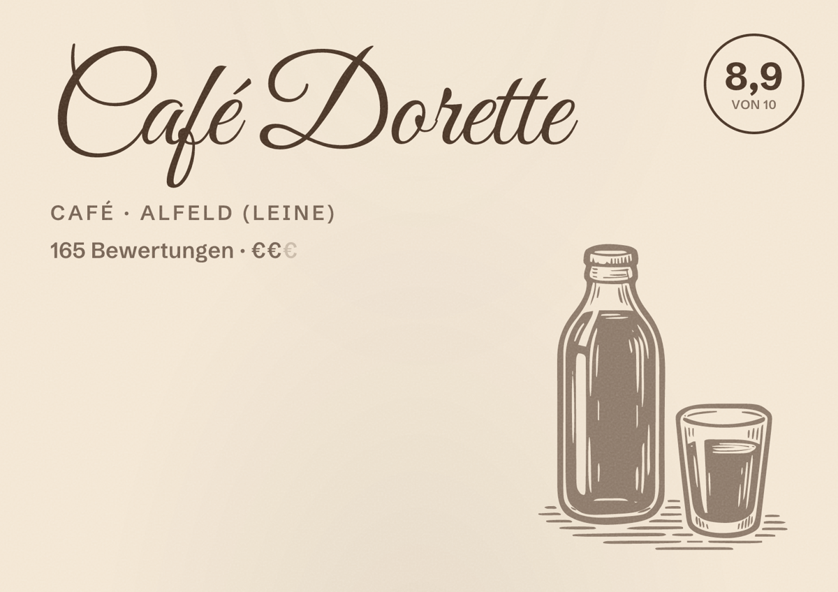 Illustriertes Poster von Café Dorette, Café in Alfeld (Leine): Bewertung 8,9 von 10 aus 165 Bewertungen, Preisniveau €€