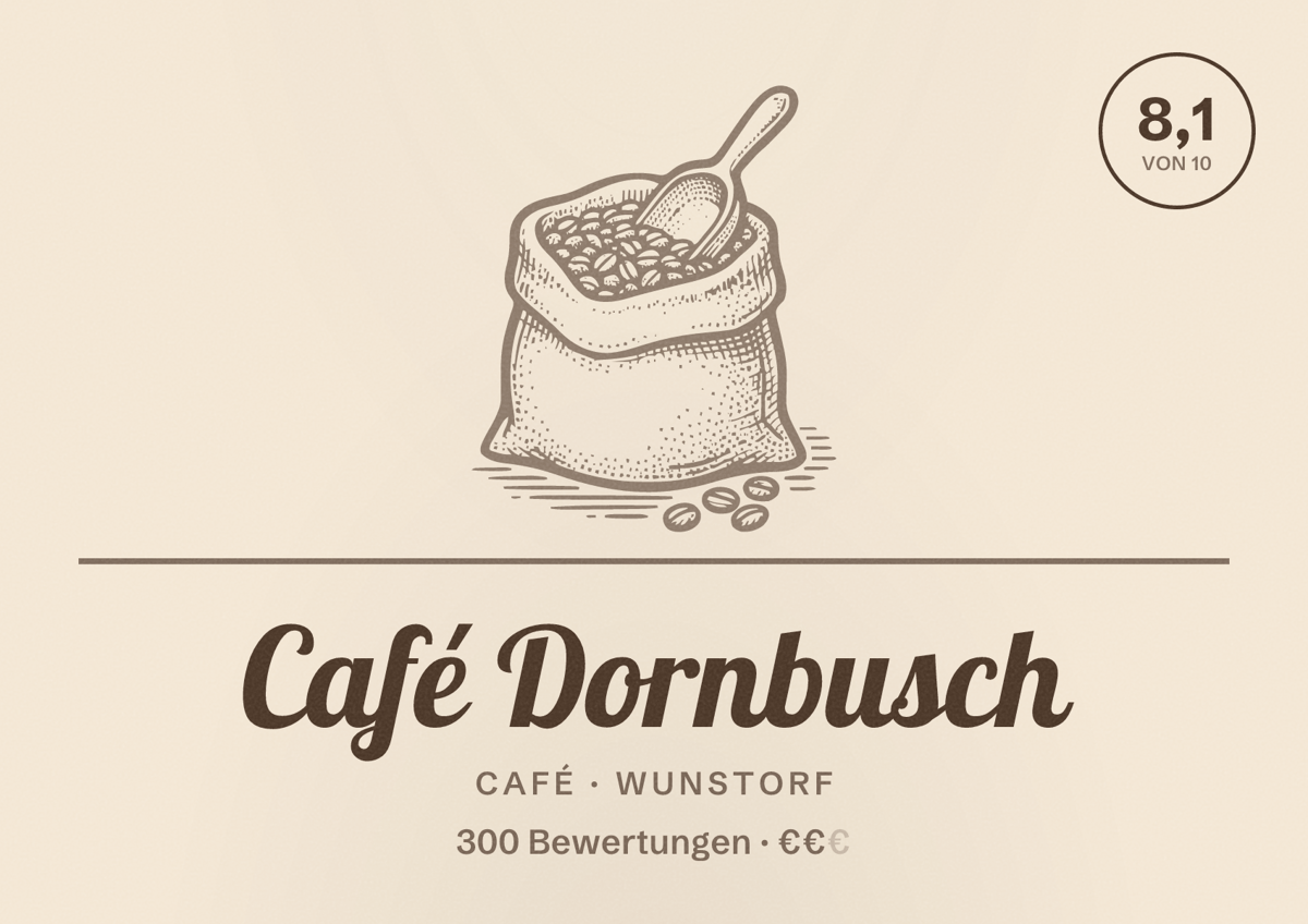 Illustriertes Poster von Café Dornbusch, Café in Wunstorf: Bewertung 8,1 von 10 aus 300 Bewertungen, Preisniveau €€