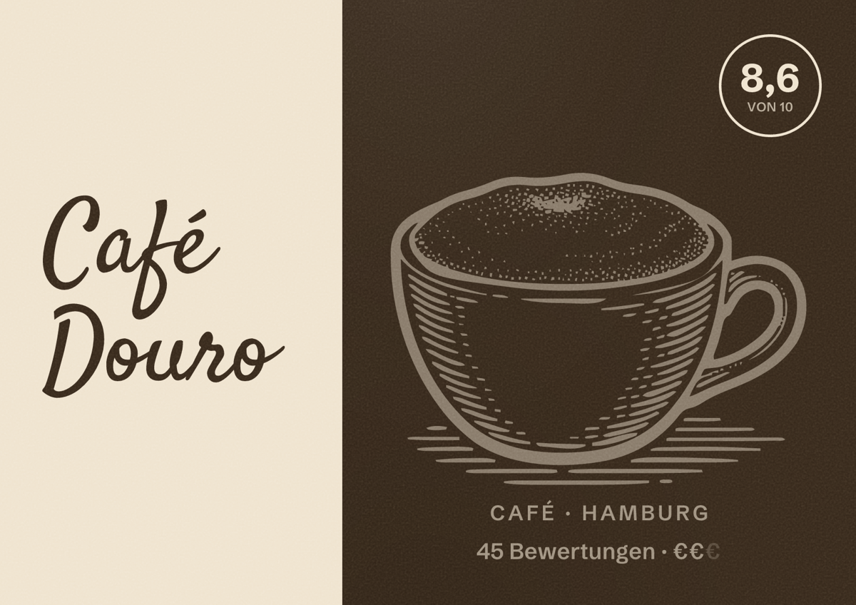 Illustriertes Poster von Café Douro, Café in Hamburg: Bewertung 8,6 von 10 aus 45 Bewertungen, Preisniveau €€