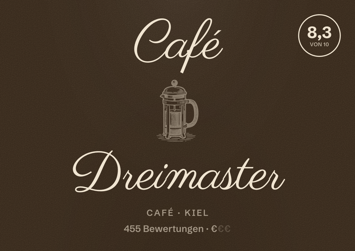 Illustriertes Poster von Café Dreimaster, Café in Kiel: Bewertung 8,3 von 10 aus 455 Bewertungen, Preisniveau €