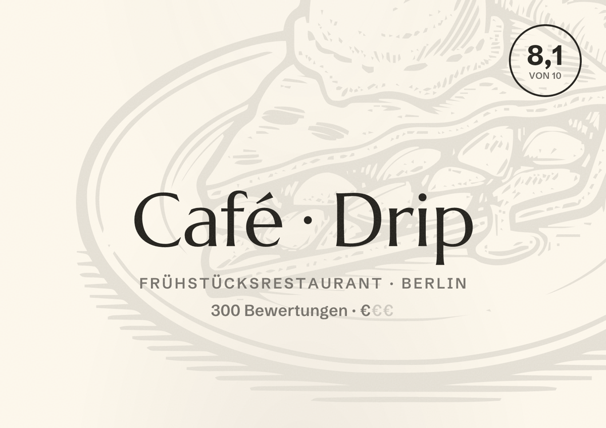 Illustriertes Poster von Café Drip, Frühstücksrestaurant in Berlin: Bewertung 8,1 von 10 aus 300 Bewertungen, Preisniveau €