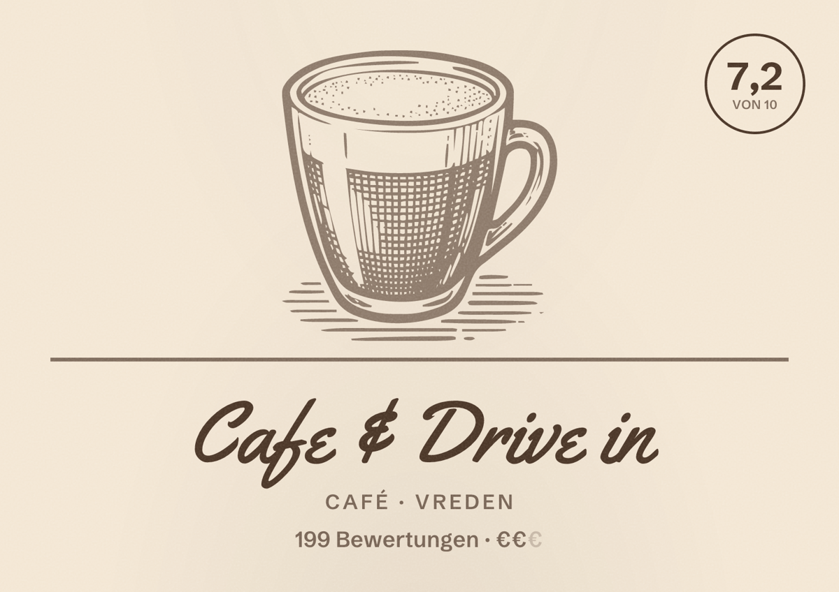 Illustriertes Poster von Cafe & Drive in, Café in Vreden: Bewertung 7,2 von 10 aus 199 Bewertungen, Preisniveau €€