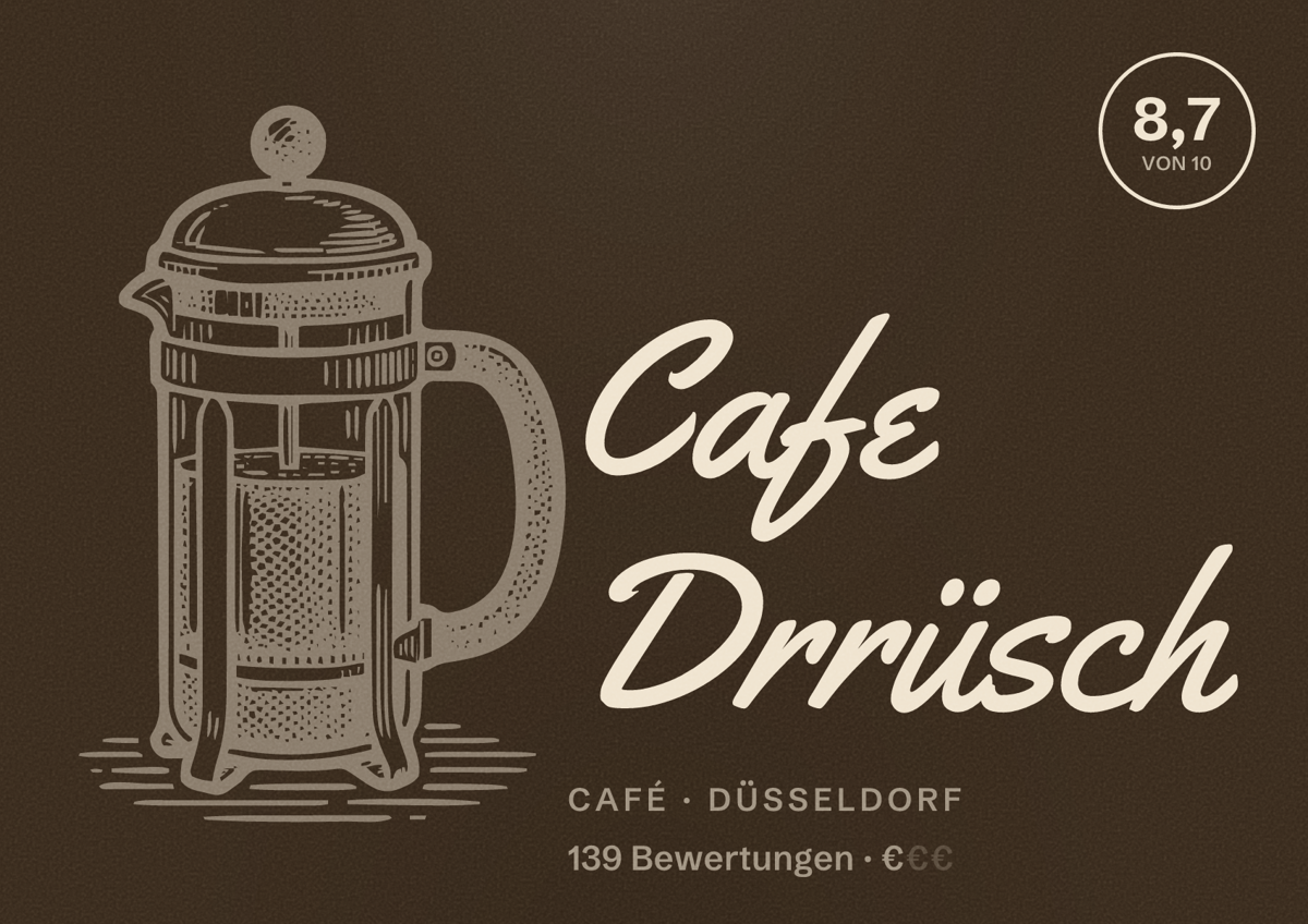 Illustriertes Poster von Cafe Drrüsch, Café in Düsseldorf: Bewertung 8,7 von 10 aus 139 Bewertungen, Preisniveau €