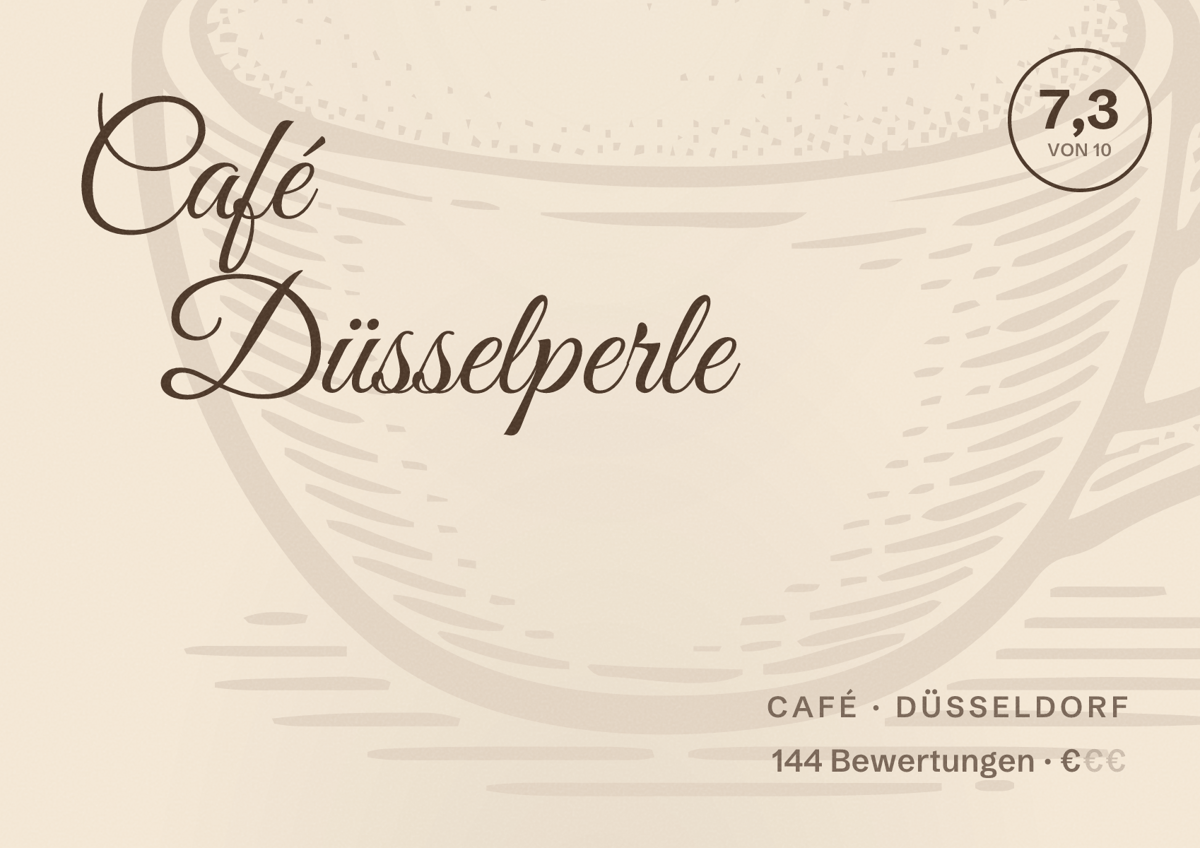 Illustriertes Poster von Café Düsselperle, Café in Düsseldorf: Bewertung 7,3 von 10 aus 144 Bewertungen, Preisniveau €