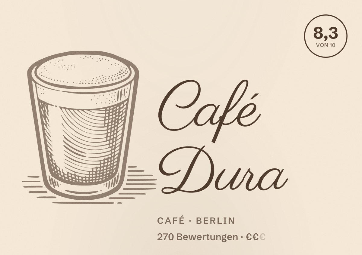 Illustriertes Poster von Café Dura, Café in Berlin: Bewertung 8,3 von 10 aus 270 Bewertungen, Preisniveau €€