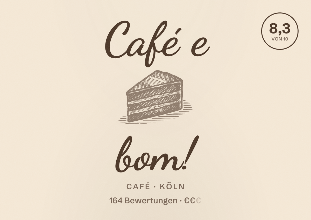 Illustriertes Poster von Café e bom!, Café in Köln: Bewertung 8,3 von 10 aus 164 Bewertungen, Preisniveau €€