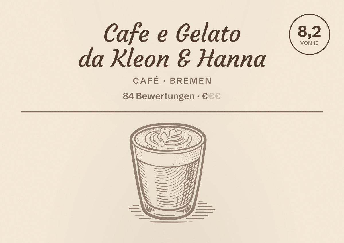 Illustriertes Poster von Cafe e Gelato da Kleon & Hanna, Café in Bremen: Bewertung 8,2 von 10 aus 84 Bewertungen, Preisniveau €