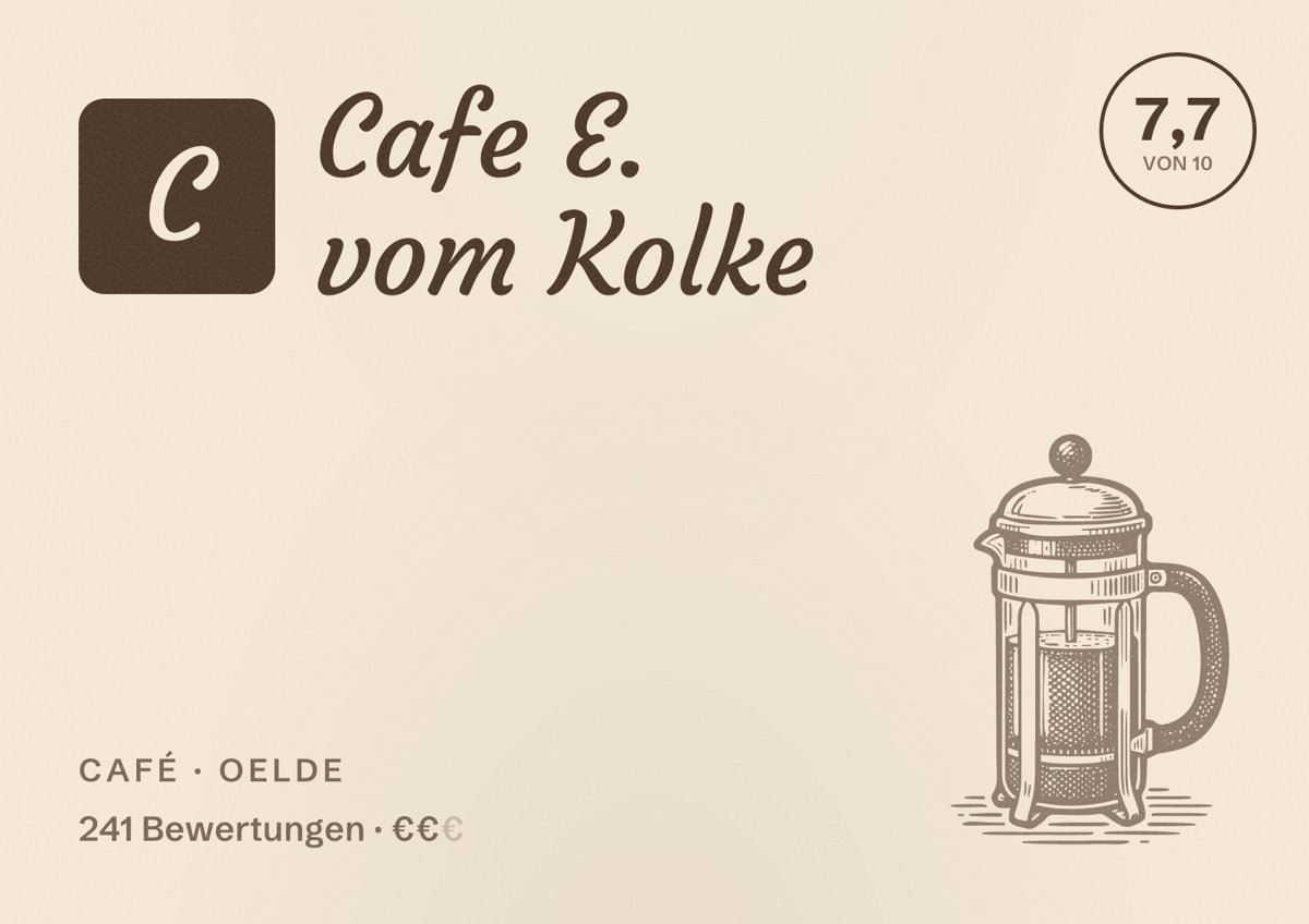 Illustriertes Poster von Cafe E. vom Kolke, Café in Oelde: Bewertung 7,7 von 10 aus 241 Bewertungen, Preisniveau €€