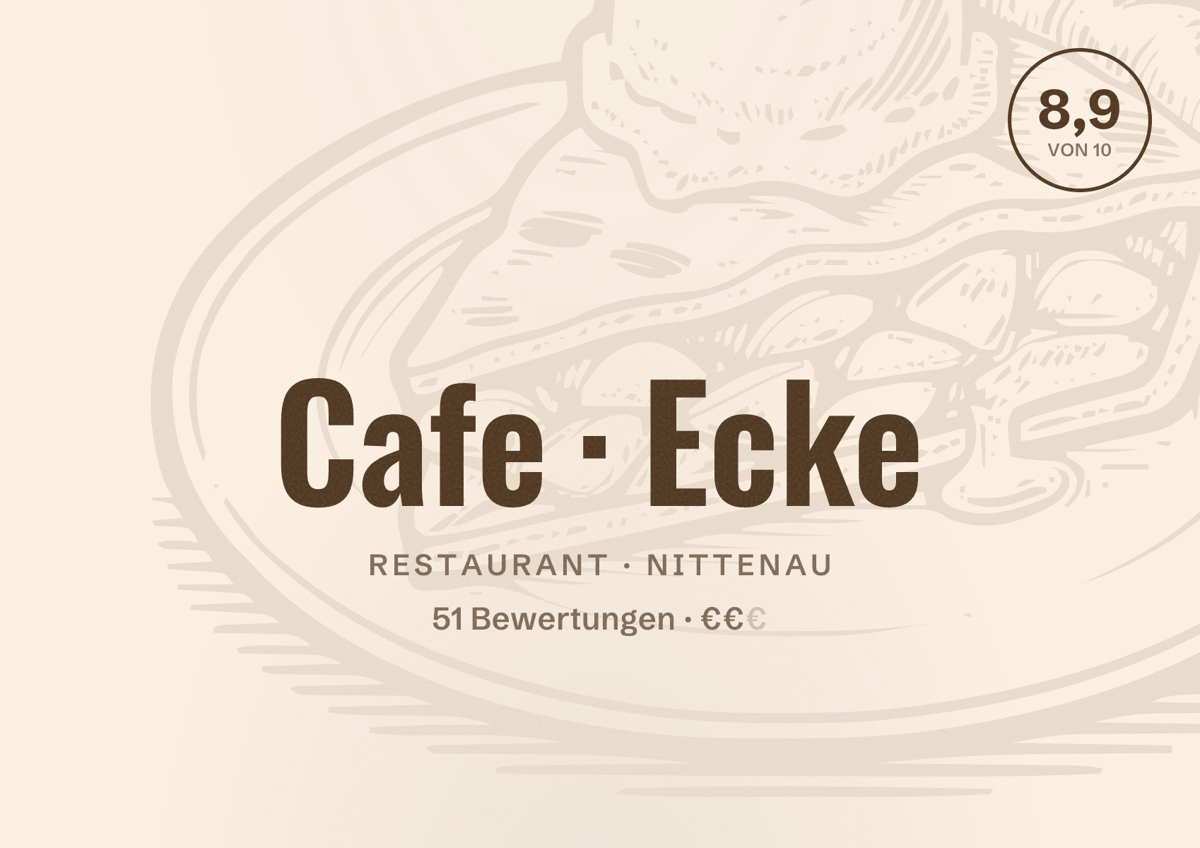 Illustriertes Poster von Cafe Ecke, Restaurant in Nittenau: Bewertung 8,9 von 10 aus 51 Bewertungen, Preisniveau €€