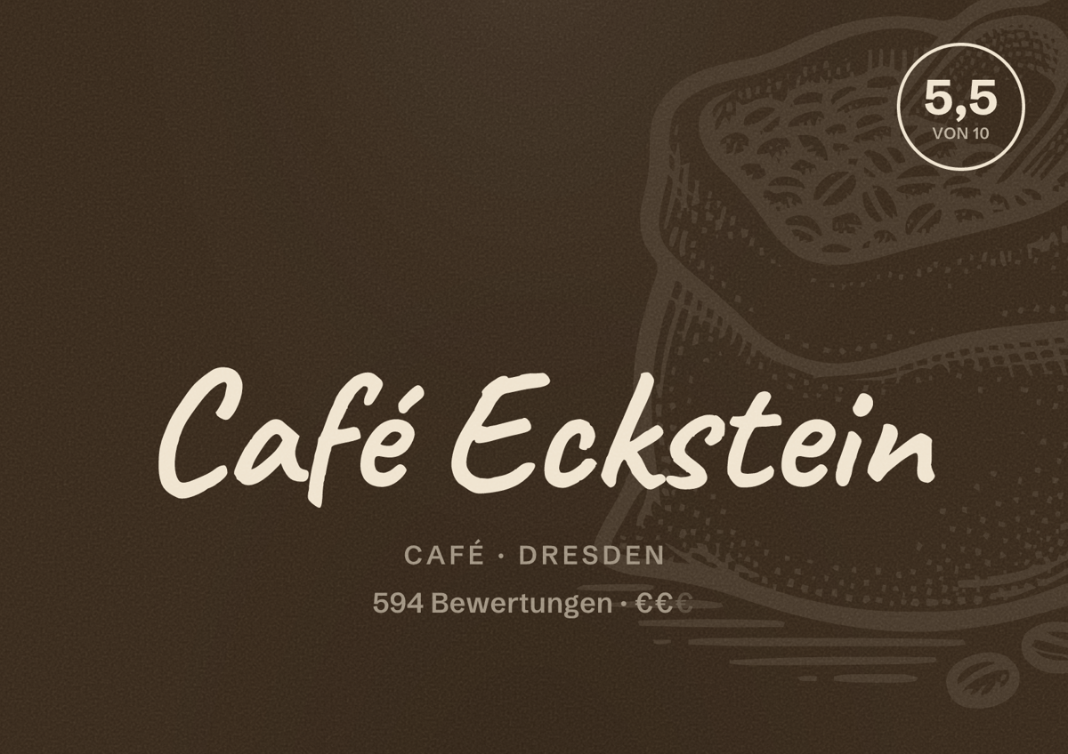 Illustriertes Poster von Café Eckstein, Café in Dresden: Bewertung 5,5 von 10 aus 594 Bewertungen, Preisniveau €€