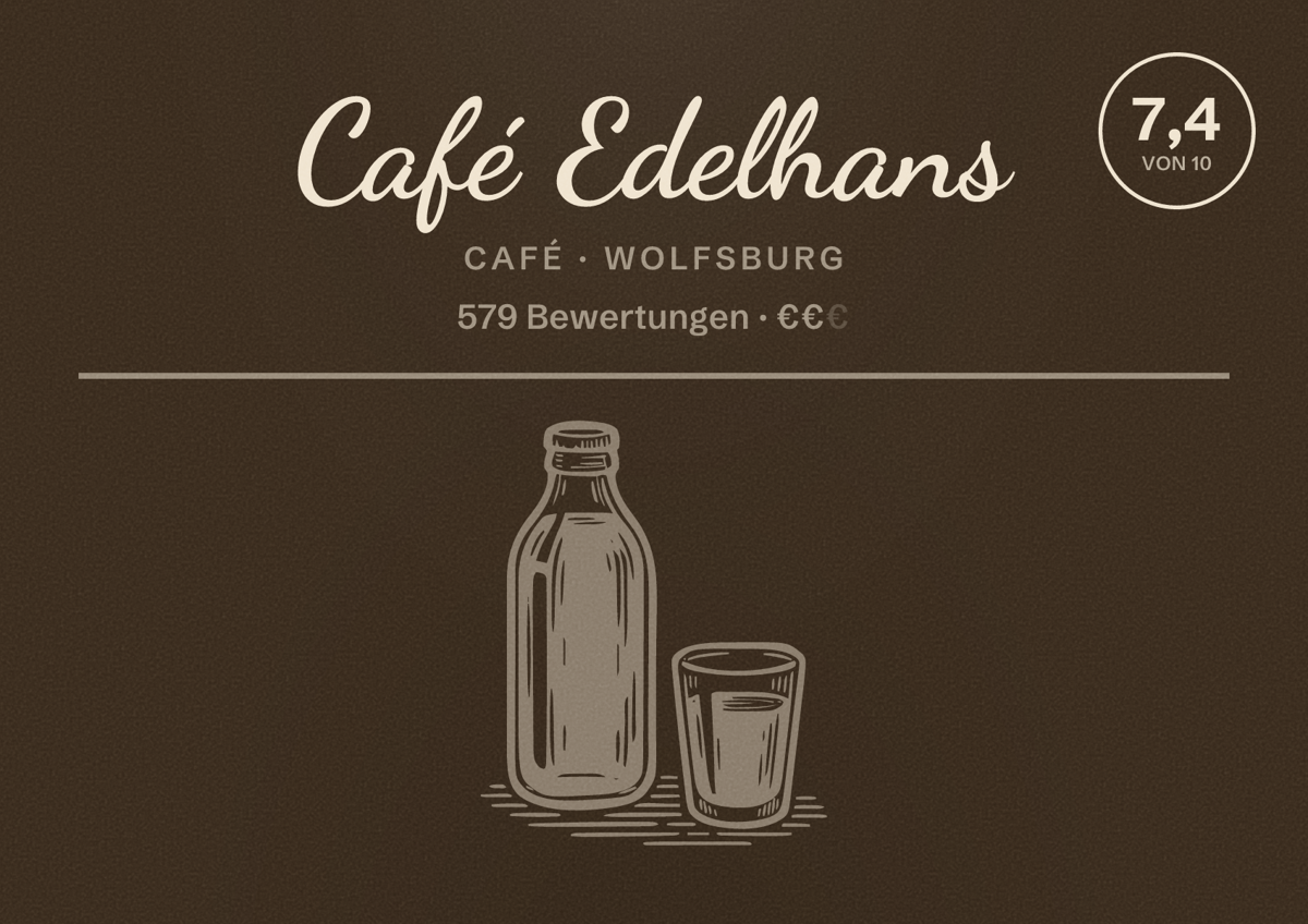 Illustriertes Poster von Café Edelhans, Café in Wolfsburg: Bewertung 7,4 von 10 aus 579 Bewertungen, Preisniveau €€