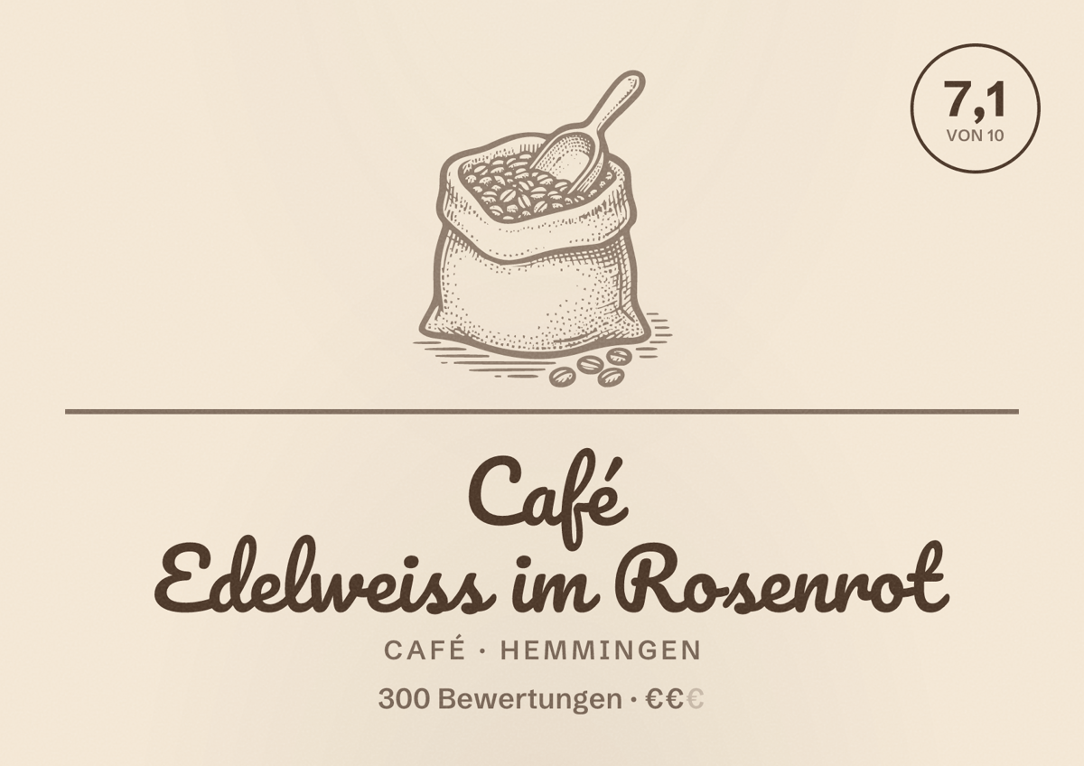 Illustriertes Poster von Café Edelweiss im Rosenrot, Café in Hemmingen: Bewertung 7,1 von 10 aus 300 Bewertungen, Preisniveau €€