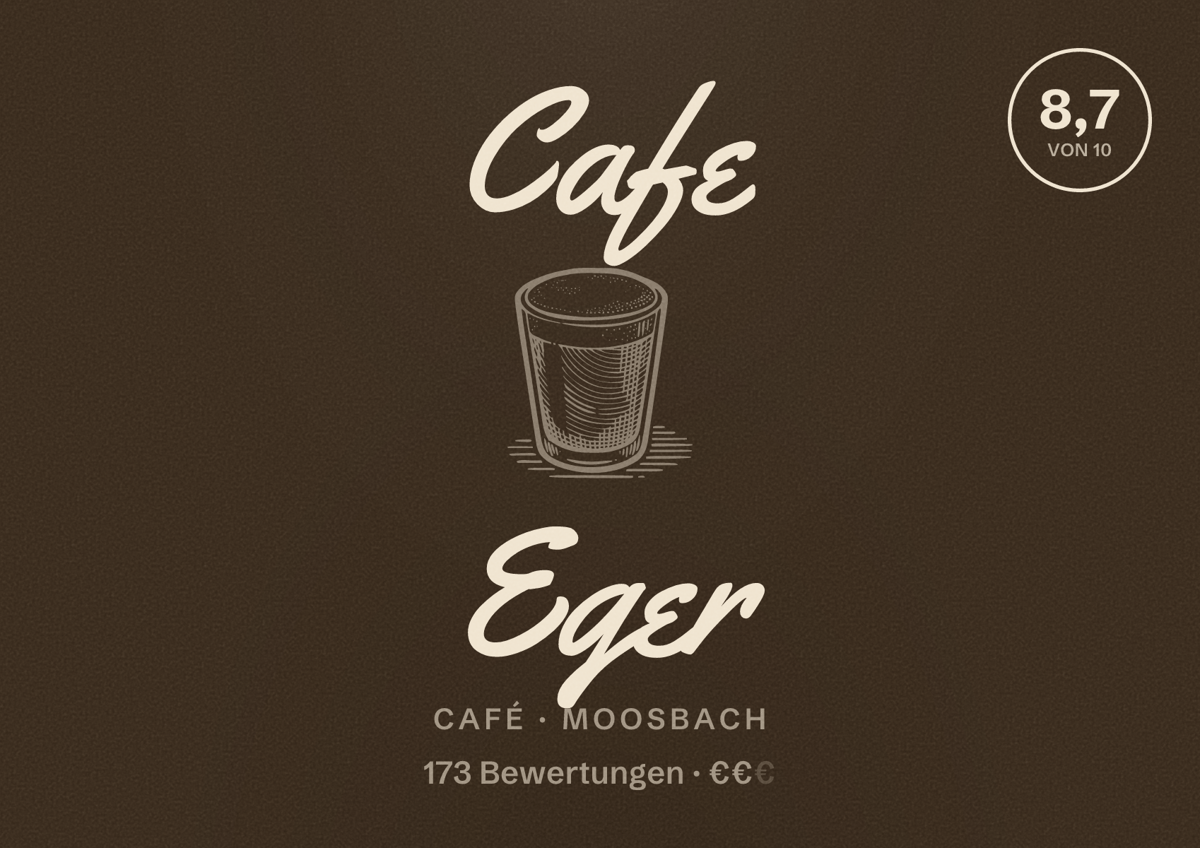 Illustriertes Poster von Cafe Eger, Café in Moosbach: Bewertung 8,7 von 10 aus 173 Bewertungen, Preisniveau €€