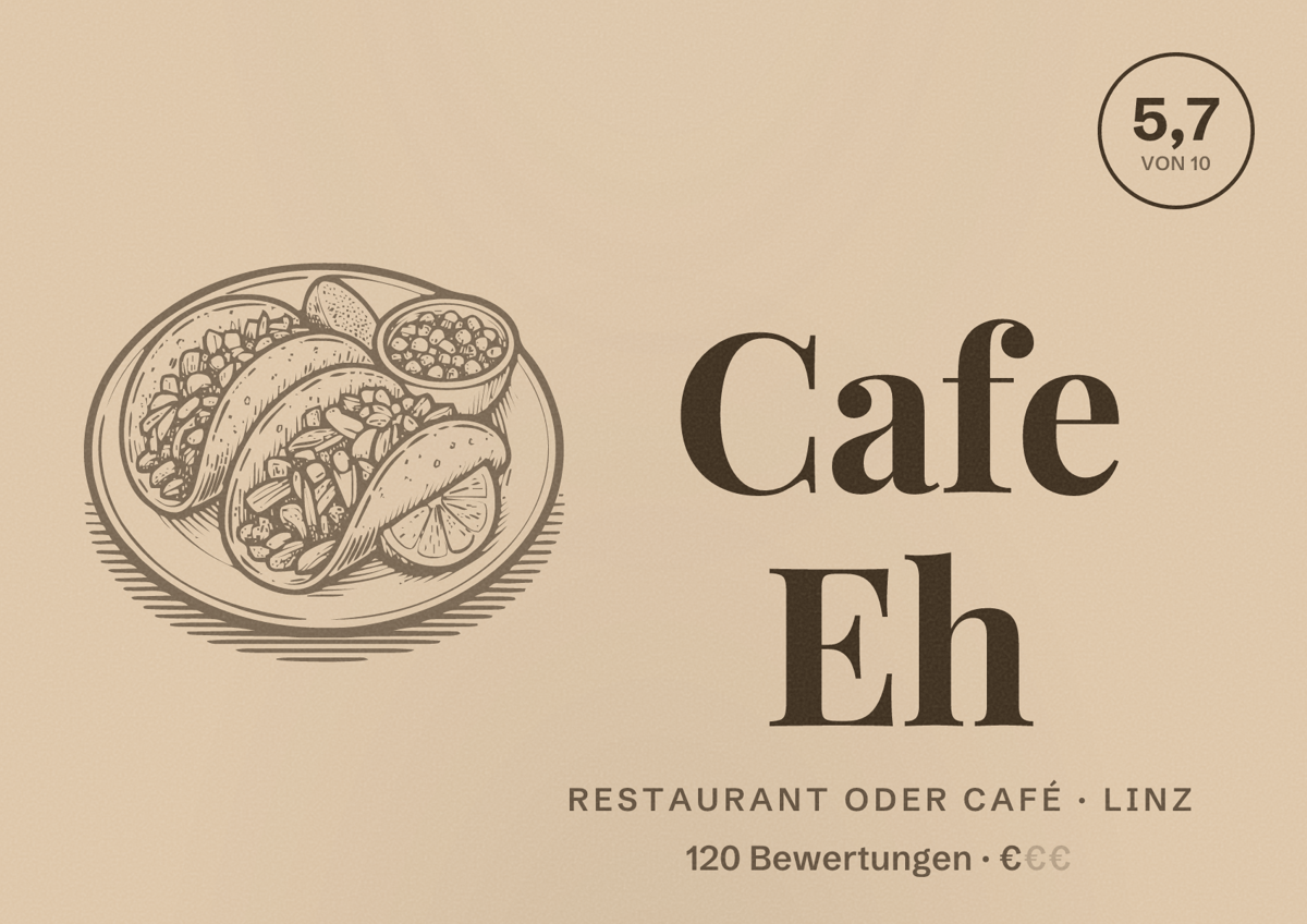 Illustriertes Poster von Cafe Eh, Restaurant oder Café in Linz: Bewertung 5,7 von 10 aus 120 Bewertungen, Preisniveau €