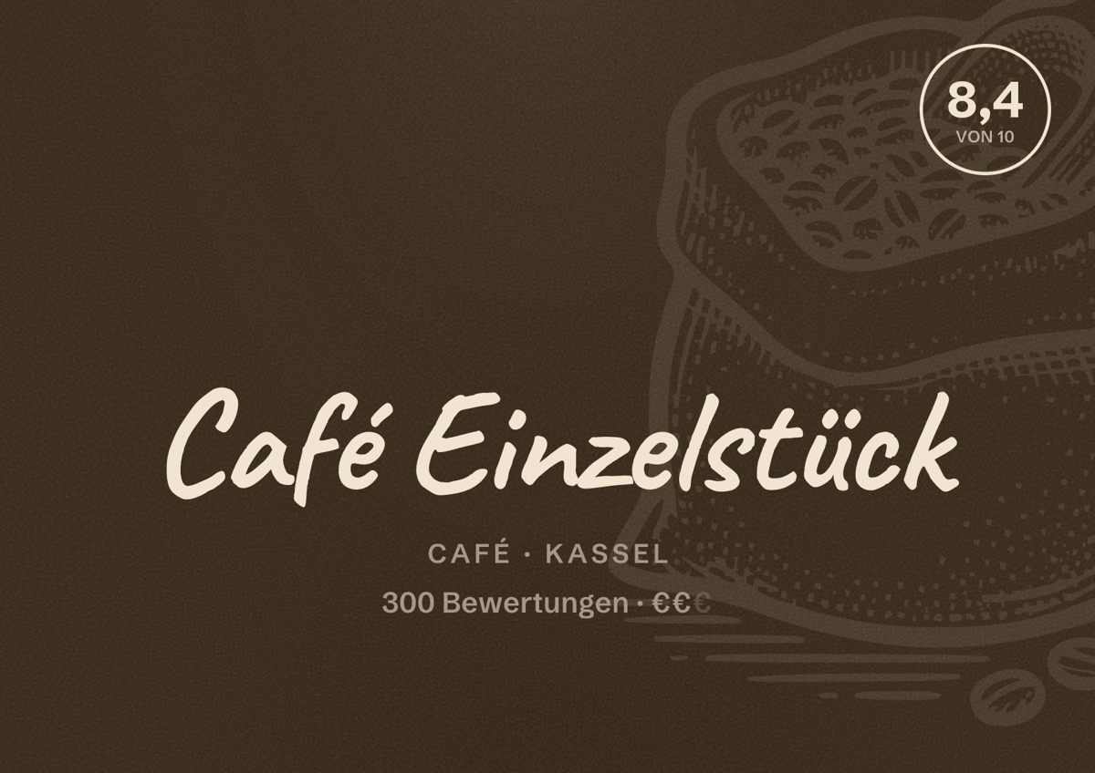 Illustriertes Poster von Café Einzelstück, Café in Kassel: Bewertung 8,4 von 10 aus 300 Bewertungen, Preisniveau €€