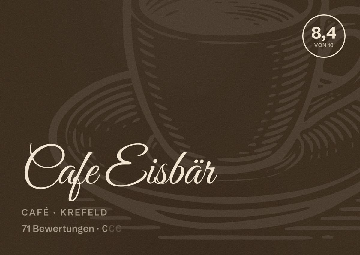 Illustriertes Poster von Cafe Eisbär, Café in Krefeld: Gästebewertung 8,3 von 10 aus 71 Bewertungen