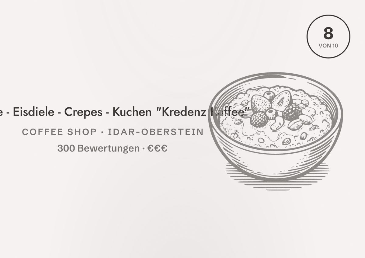 Illustriertes Poster von Cafe - Eisdiele - Crepes - Kuchen "Kredenz Kaffee", Coffee Shop in Idar-Oberstein: Bewertung 8 von 10 aus 300 Bewertungen, Preisniveau €€€