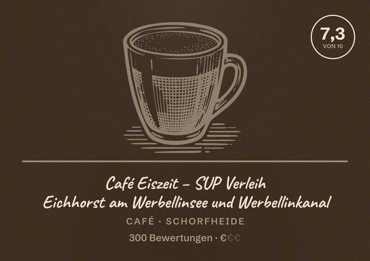 Illustriertes Poster von Café Eiszeit – SUP Verleih Eichhorst am Werbellinsee und Werbellinkanal, Café in Schorfheide: Bewertung 7,3 von 10 aus 300 Bewertungen, Preisniveau €