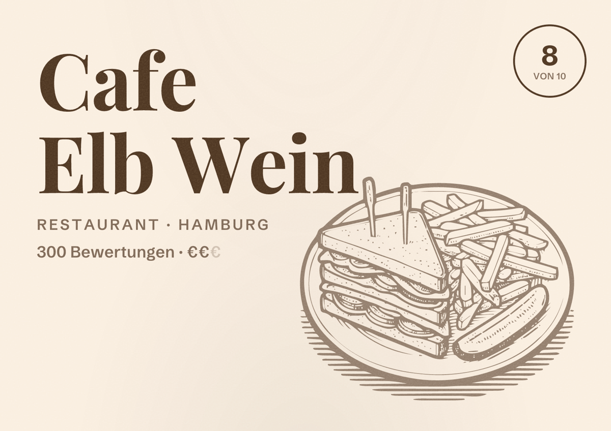 Illustriertes Poster von Cafe Elb Wein, Restaurant in Hamburg: Bewertung 8,0 von 10 aus 300 Bewertungen, Preisniveau €€