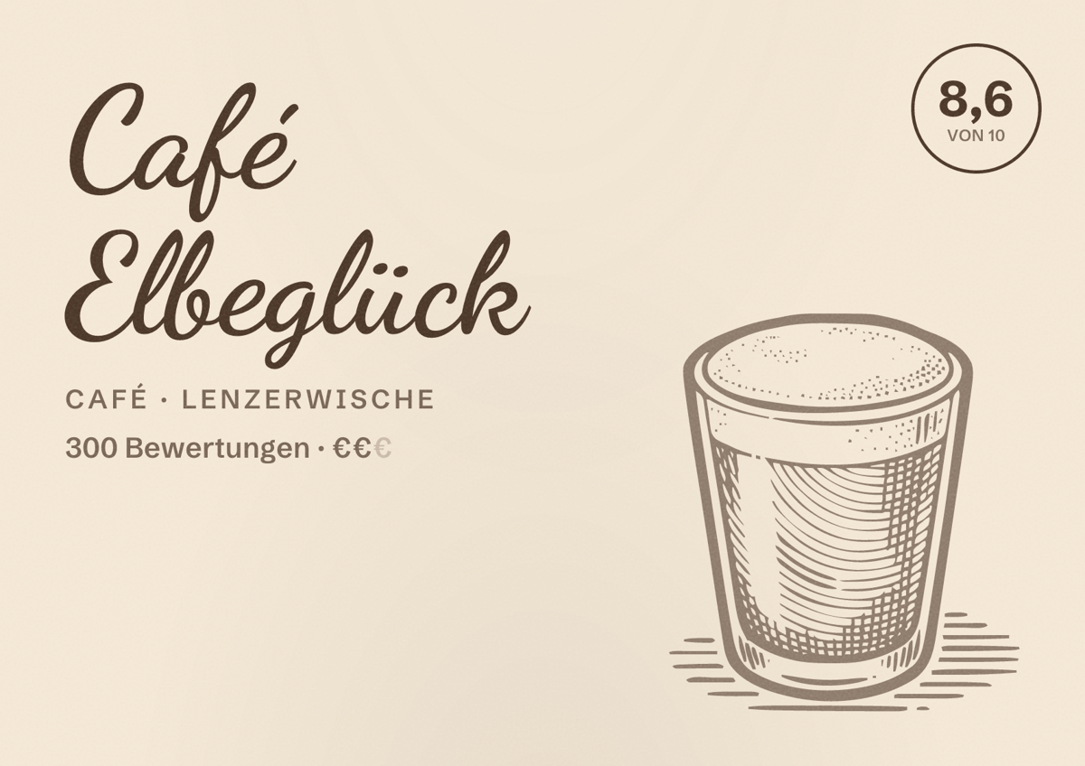 Illustriertes Poster von Café Elbeglück, Café in Lenzerwische: Bewertung 8,6 von 10 aus 300 Bewertungen, Preisniveau €€