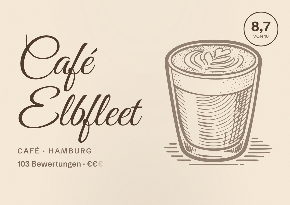 Illustriertes Poster von Café Elbfleet, Café in Hamburg: Bewertung 8,7 von 10 aus 103 Bewertungen, Preisniveau €€