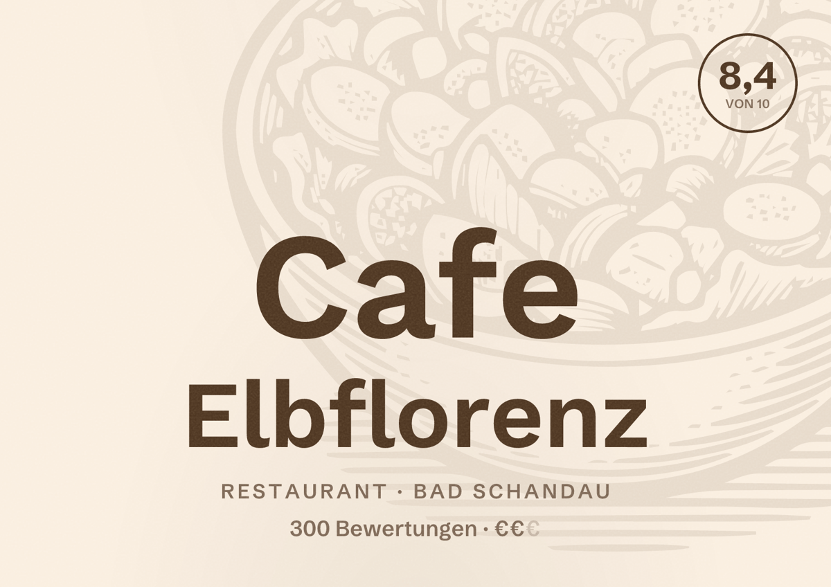 Illustriertes Poster von Cafe Elbflorenz, Restaurant in Bad Schandau: Bewertung 8,4 von 10 aus 300 Bewertungen, Preisniveau €€