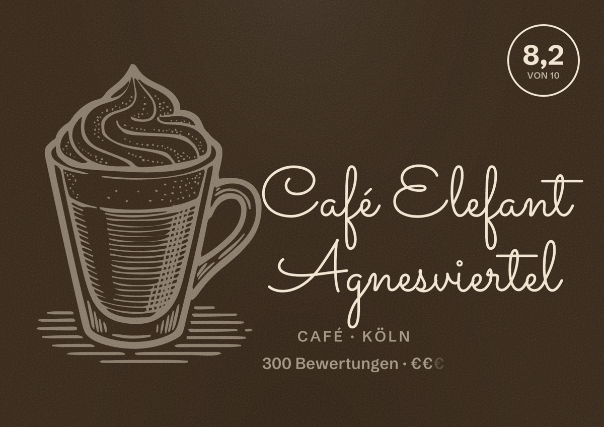 Illustriertes Poster von Café Elefant Agnesviertel, Café in Köln: Bewertung 8,2 von 10 aus 300 Bewertungen, Preisniveau €€