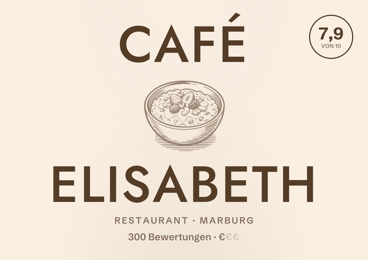 Illustriertes Poster von Café Elisabeth, Restaurant in Marburg: Bewertung 7,9 von 10 aus 300 Bewertungen, Preisniveau €