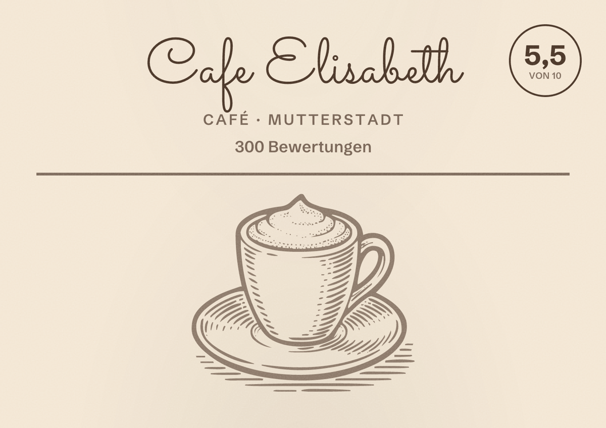 Illustriertes Poster von Cafe Elisabeth, Café in Mutterstadt: Bewertung 5,5 von 10 aus 300 Bewertungen