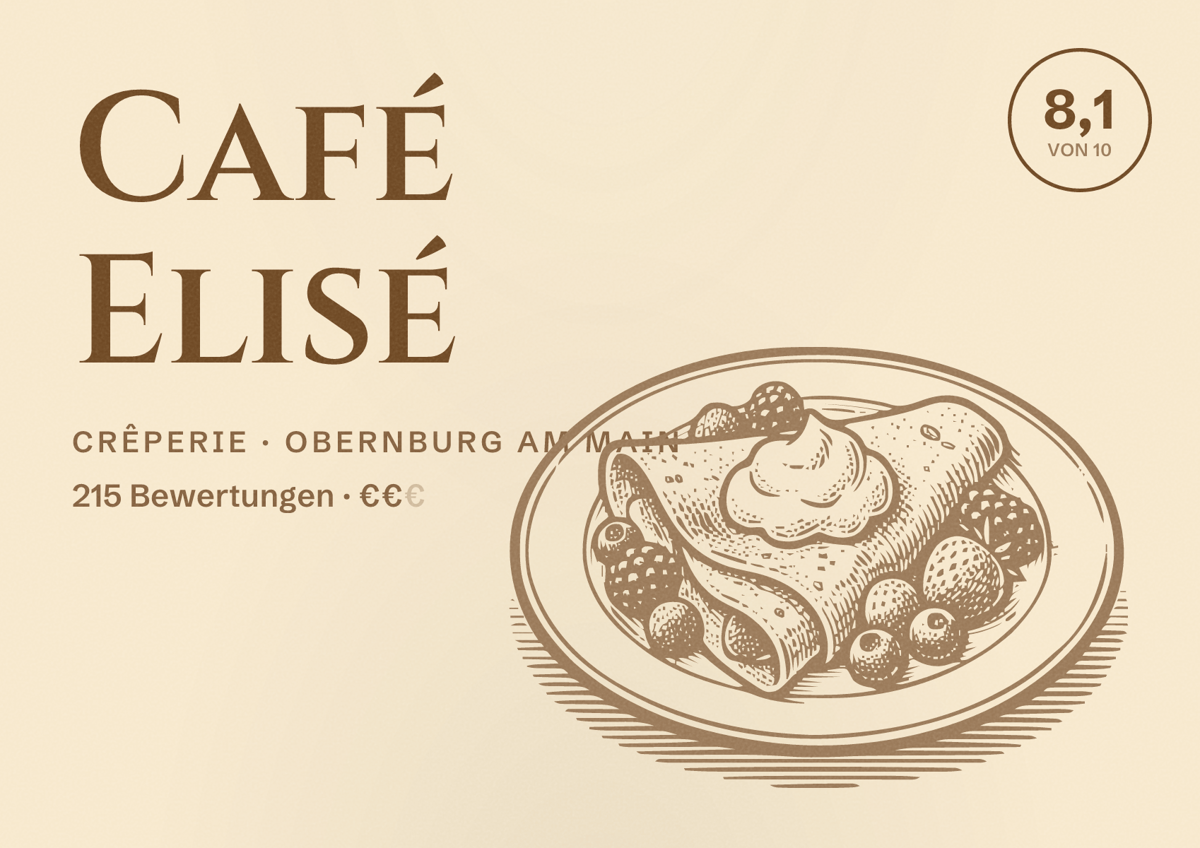 Illustriertes Poster von Café Elisé, Crêperie in Obernburg am Main: Bewertung 8,1 von 10 aus 215 Bewertungen, Preisniveau €€