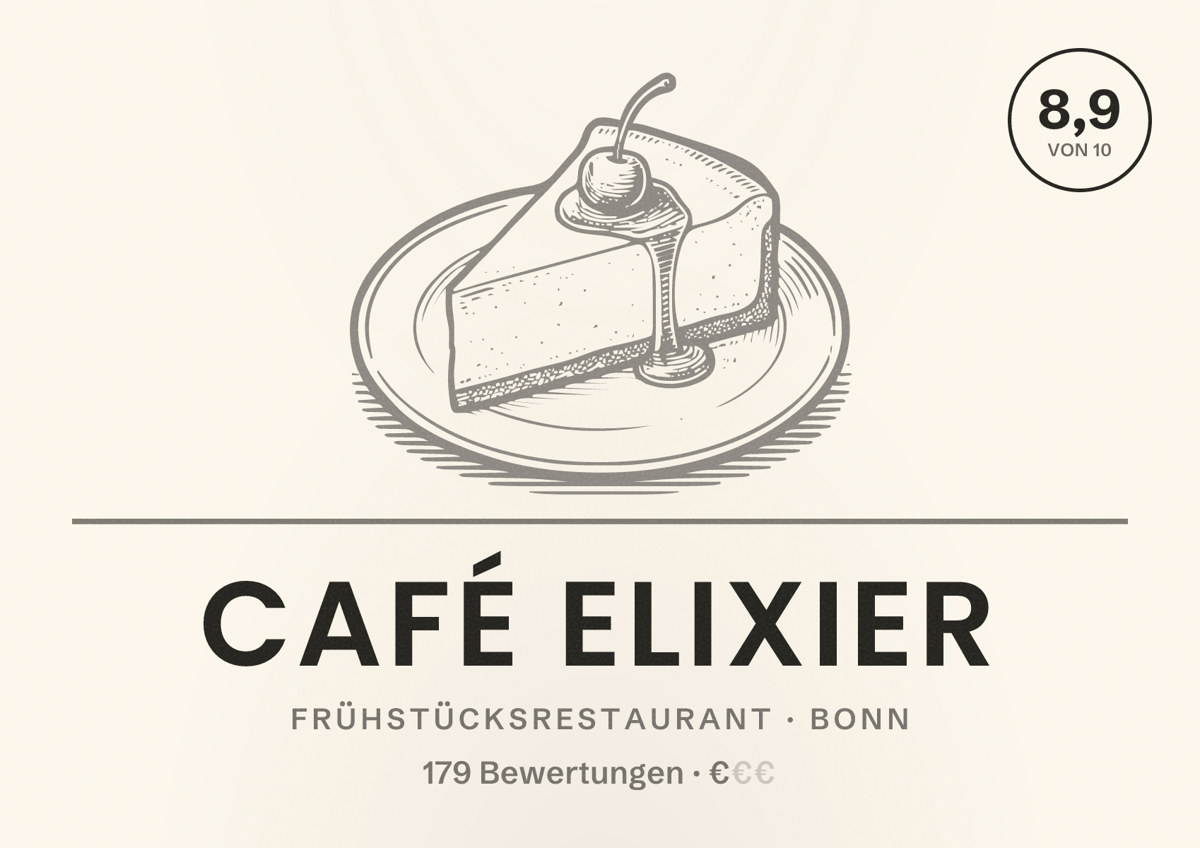 Illustriertes Poster von Café Elixier, Frühstücksrestaurant in Bonn: Bewertung 8,9 von 10 aus 179 Bewertungen, Preisniveau €